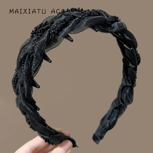 Matte Style Hepburn Style 4cm Wide Braided Hairband to Cover Gray Hair and Hairline, Shiny Headband for High Crown