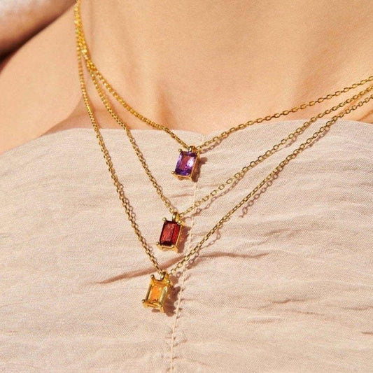 Titanium Steel Color-Retaining Necklace Rectangular December Birthstone Pendant Colorful Zircon Clavicle Chain for Women 18K Gold Plated