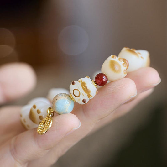 Natural Charcoal Burnt Cat Paw Bodhi Root Bracelet for Women Cat Milk Bean Pendant Bodhi Root Small Cat Buddha Bead Bracelet