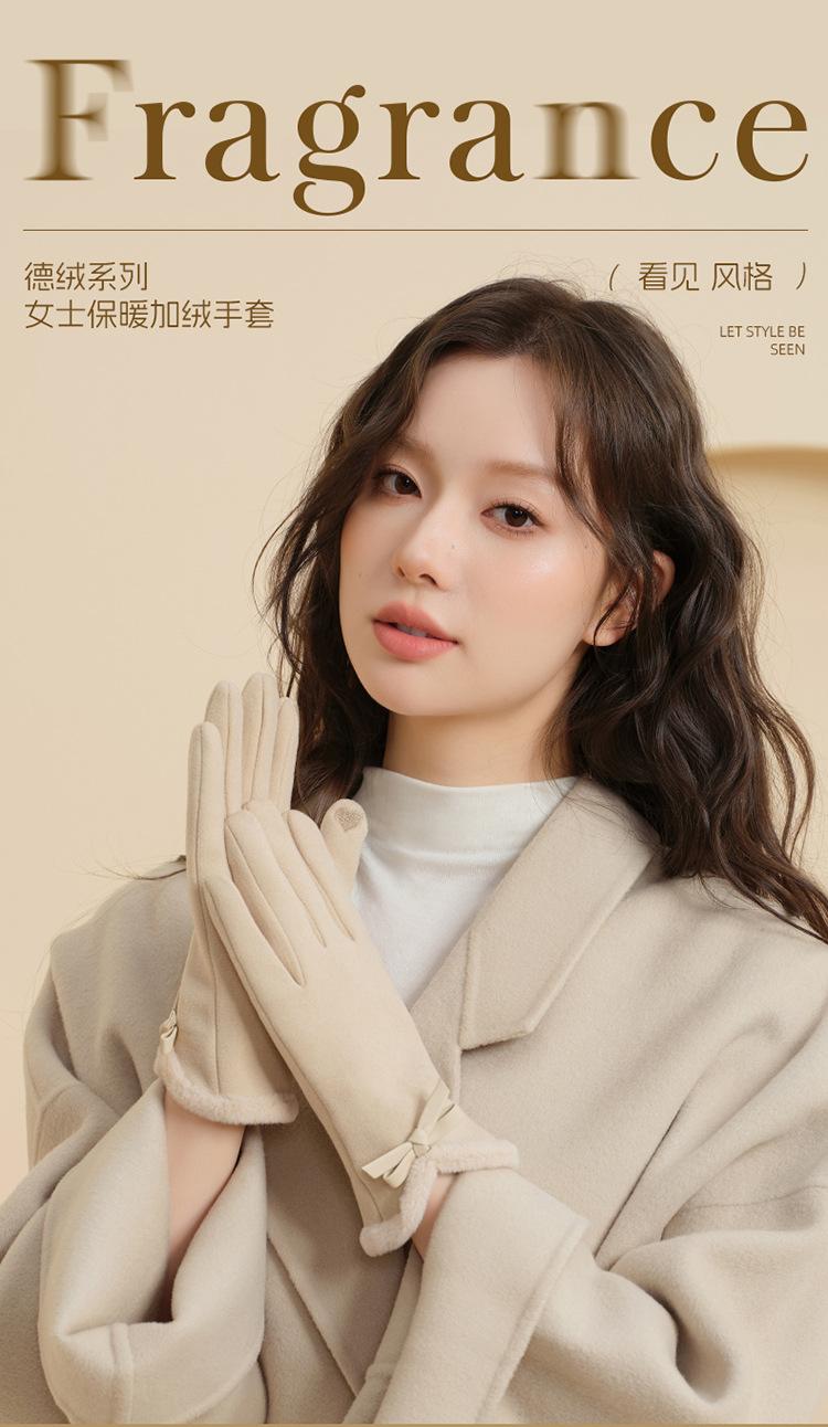 Autumn Winter Thermal Gloves for Women Outdoor Cold-Proof Fleece-Lined Warm Gloves Cute Bow Driving Gloves Touchscreen Compatible