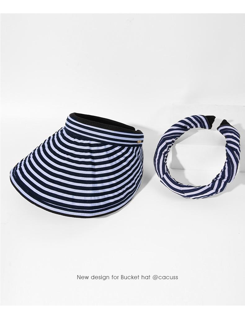 Striped Visor Hat for Women Summer Korean Style Wide Brim Sun Hat Striped Beach Hat Foldable Headband