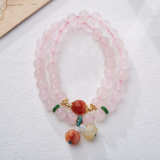 Natural Rose Quartz Bracelet for Women with Gold Thread, Jade Small Pumpkin Tassel Double Circle Bracelet, Pink Crystal Bracelet, Best Friend Gift