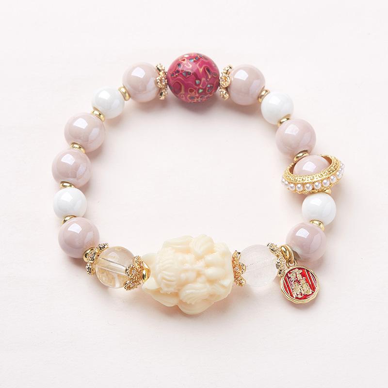Temple Style Nine-Tailed Fox Ash Porcelain Glass Bracelet for Women Fox Demon Little Matchmaker Peach Blossom Good Luck Bead Bracelet