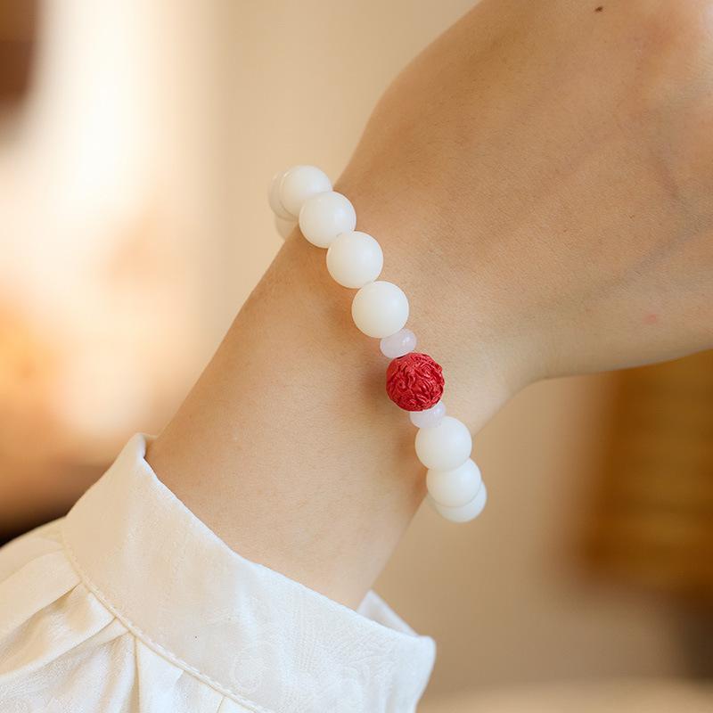Temple Style Natural White Jade Bodhi Bracelet with Cinnabar Red Sand Pixiu Soft Wrap Bracelet for Men and Women Buddhist Prayer Beads