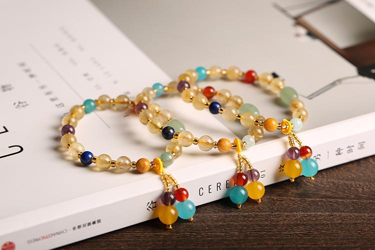 Original Design Multi-Gemstone Jewelry Brazilian Natural Golden Rutilated Quartz Bracelet for Women Vintage Agate Pink Quartz Bracelet
