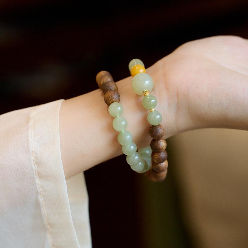 Agarwood Bracelet for Women, Natural Hetian Jade Beads, Double Circle Bracelet, New Chinese Style, Good Luck Beads Bracelet