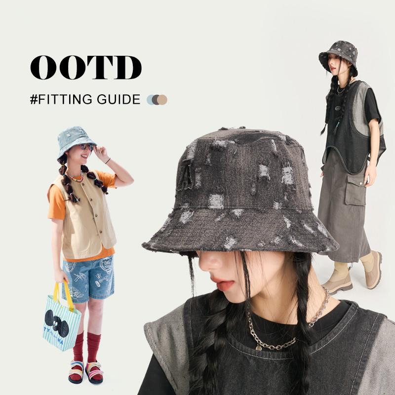 Spring Summer Denim Fisherman Hat for Women, Unique Trendy Distressed Sun Hat for Men, Korean Fashion Face-Slimming Bucket Hat