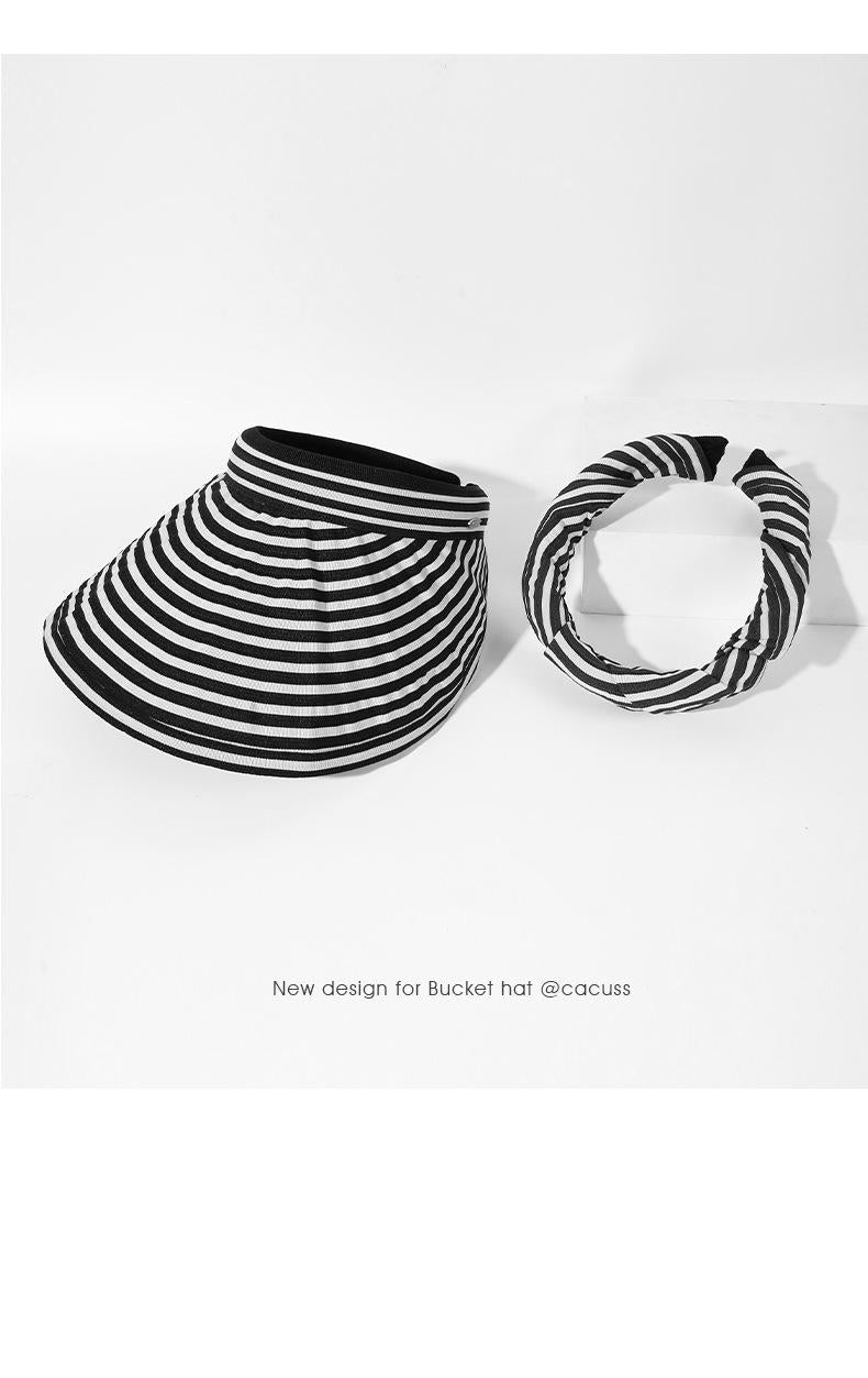 Striped Visor Hat for Women Summer Korean Style Wide Brim Sun Hat Striped Beach Hat Foldable Headband