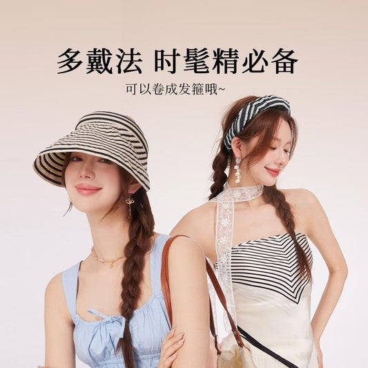 Striped Visor Hat for Women Summer Korean Style Wide Brim Sun Hat Striped Beach Hat Foldable Headband