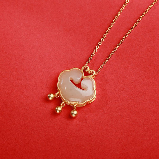 S925 Silver Hetian Jade Ruyi Xiangyun Peace Lock Necklace Retro Chinese Style Long Life Lock Chain