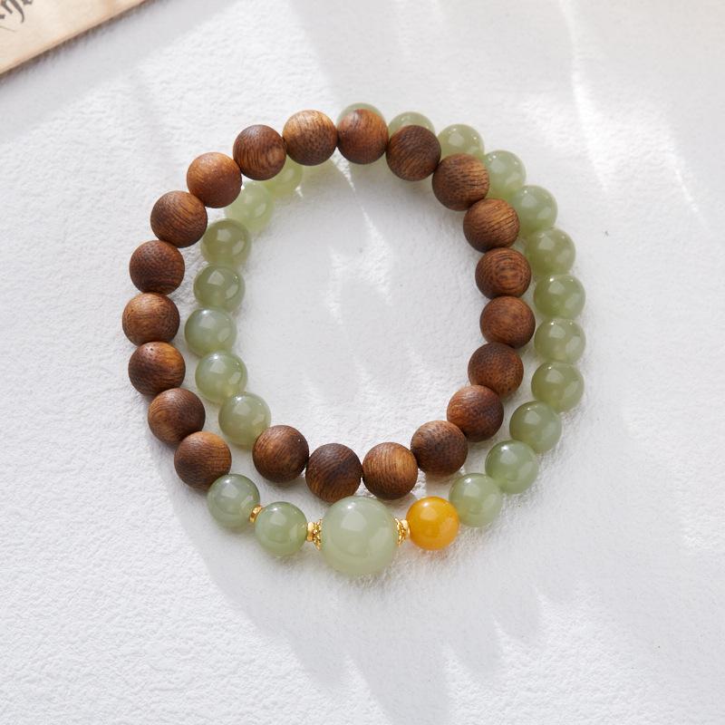 Agarwood Bracelet for Women, Natural Hetian Jade Beads, Double Circle Bracelet, New Chinese Style, Good Luck Beads Bracelet