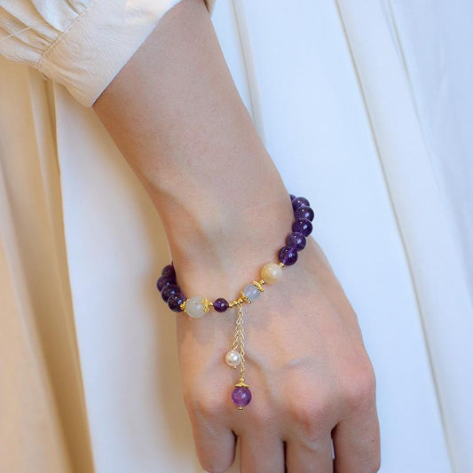 Niche Design Natural 8MM Amethyst Bracelet for Women with Pearl Tassel, Women's Bracelet Jewelry, Best Friend Gift