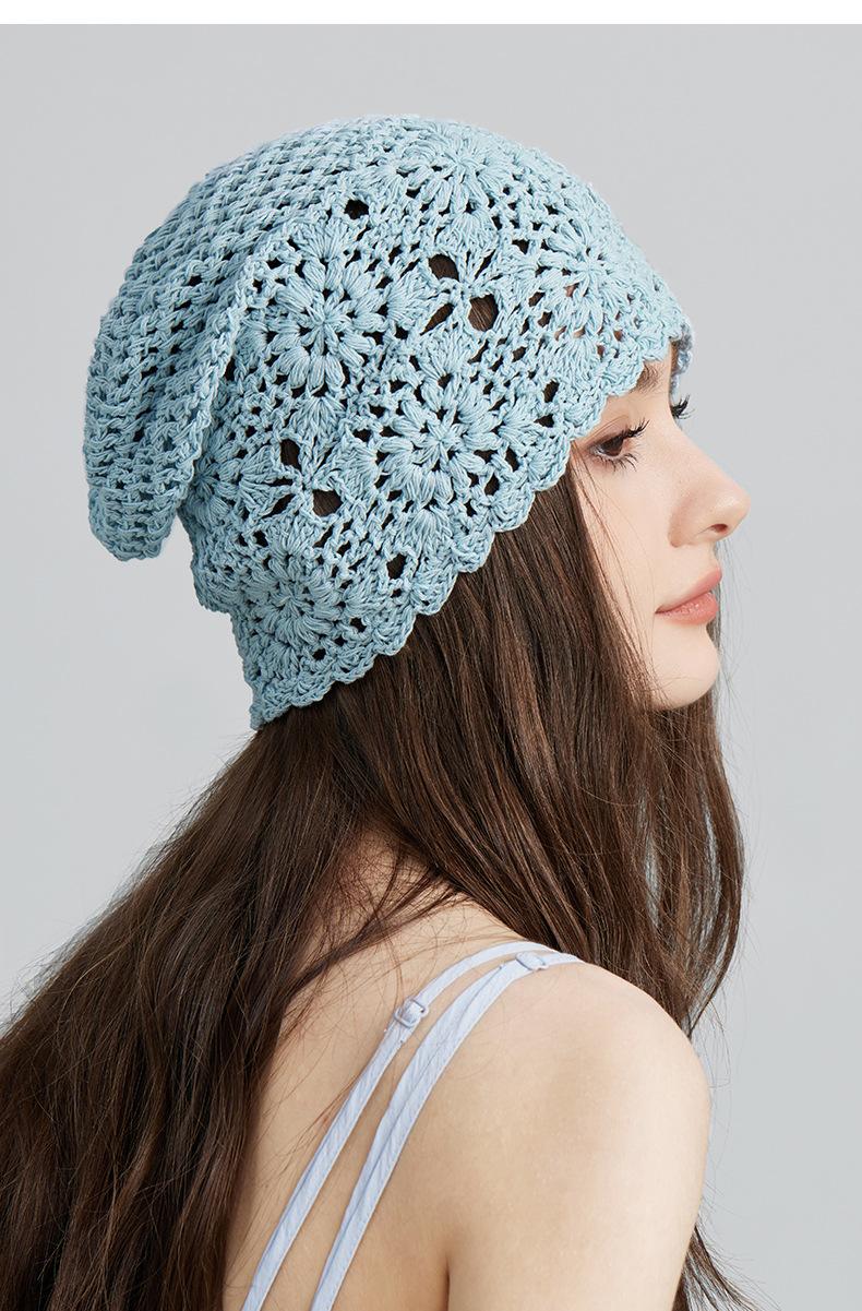 New Lace Beanie Hand-Knitted Slouchy Hat for Women Summer Thin Hollow Crochet Knitted Cool Hat Trendy