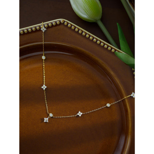 S925 Silver Plated 18K Gold Four-Leaf Clover Lucky Vintage Simple Elegant Collarbone Necklace
