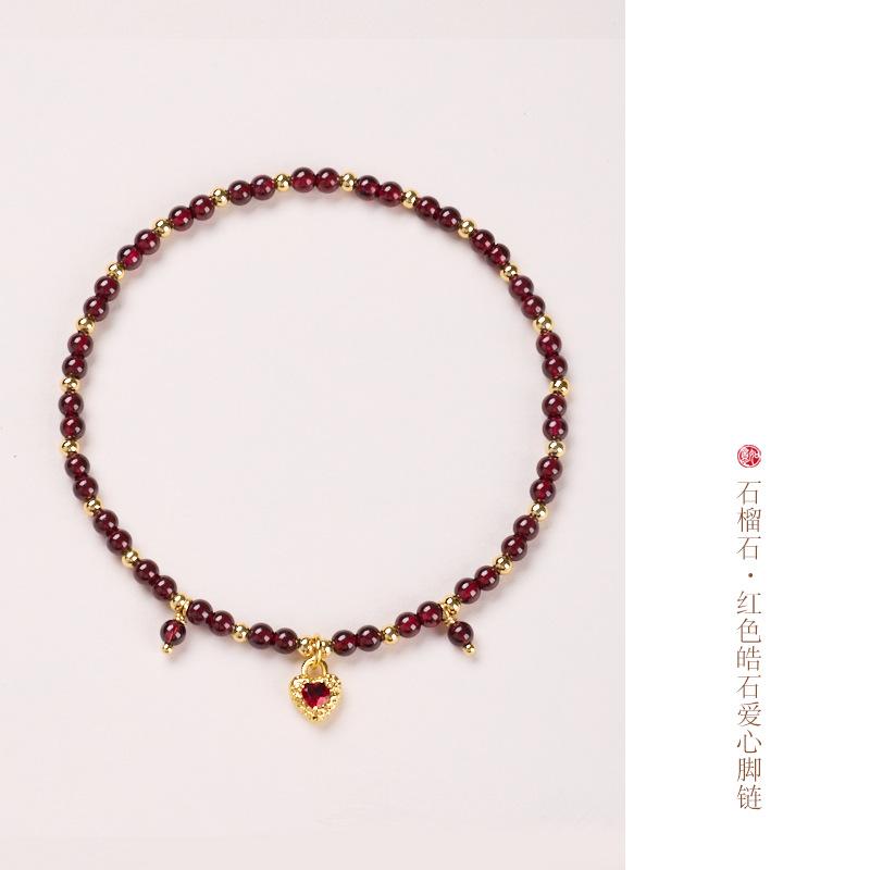 Natural 4MM Garnet Anklet for Women with Leaf and Heart Design, New Chinese Style, High-End Crystal Anklet