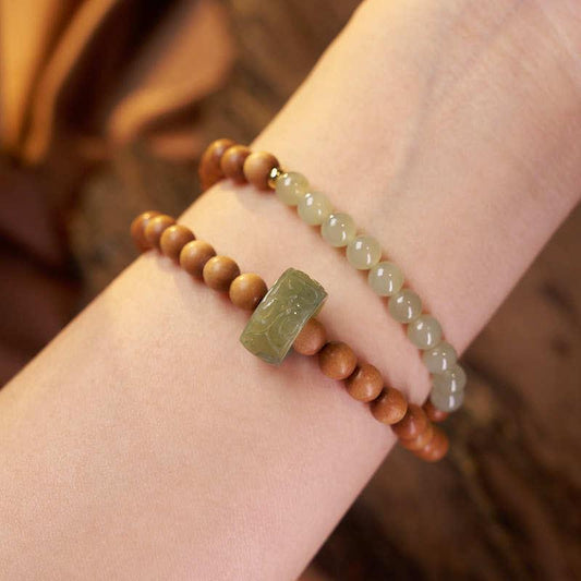 Shanxi New Chinese Style Retro Green Mountain Jade Bracelet for Women, Clear Water Hetian Jade Running Ring Double Circle Milk Fragrance Barbie Sandalwood Bracelet