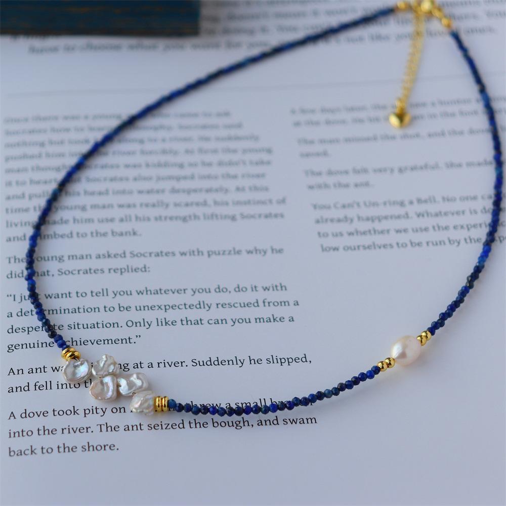Design Simple Natural Lapis Lazuli Malachite Freshwater Petal Pearl Necklace Ultra-fine Layered Collarbone Chain Necklace