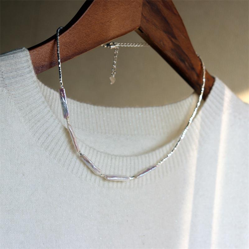 Elegant Design Light Luxury Minimalist Style Broken Silver Irregular Freshwater Pearl Small Silver Bar Handmade Beaded Necklace