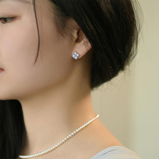 Non-Pierced Clip-On Earrings Blue Moonstone Flower Small Stud Earrings Silicone Earrings for Women New High-End Summer