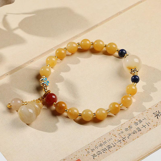 Natural Xinjiang Golden Silk Jade Yellow Bracelet Best Friend Gift Small Gourd Tassel Women's Round Bead Jade Bracelet