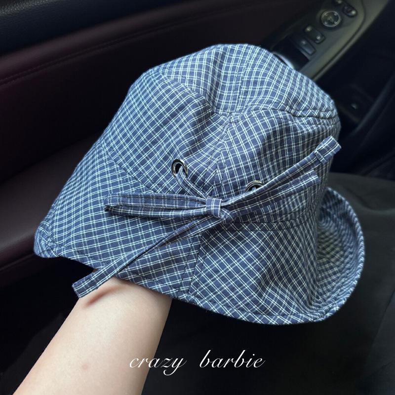 Sweet Navy Blue Plaid Fisherman Hat for Women, New Summer Wide Brim Sunshade Sun Protection Bucket Hat