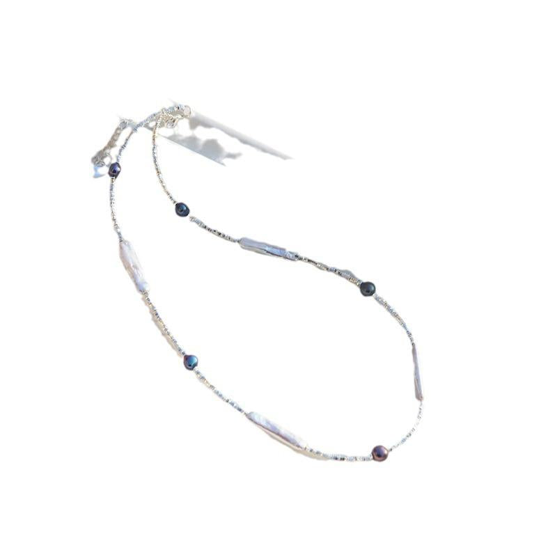 Elegant Design Light Luxury Minimalist Style Broken Silver Irregular Freshwater Pearl Small Silver Bar Handmade Beaded Necklace