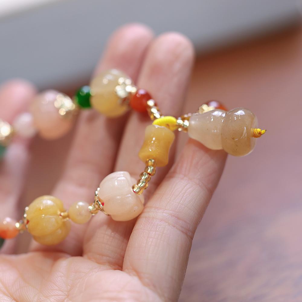 Natural Xinjiang Golden Silk Jade Bracelet for Best Friends and Couples, Ethnic Style Pumpkin Beads, Bamboo Knot, Straight Hole Gourd Jade Bracelet