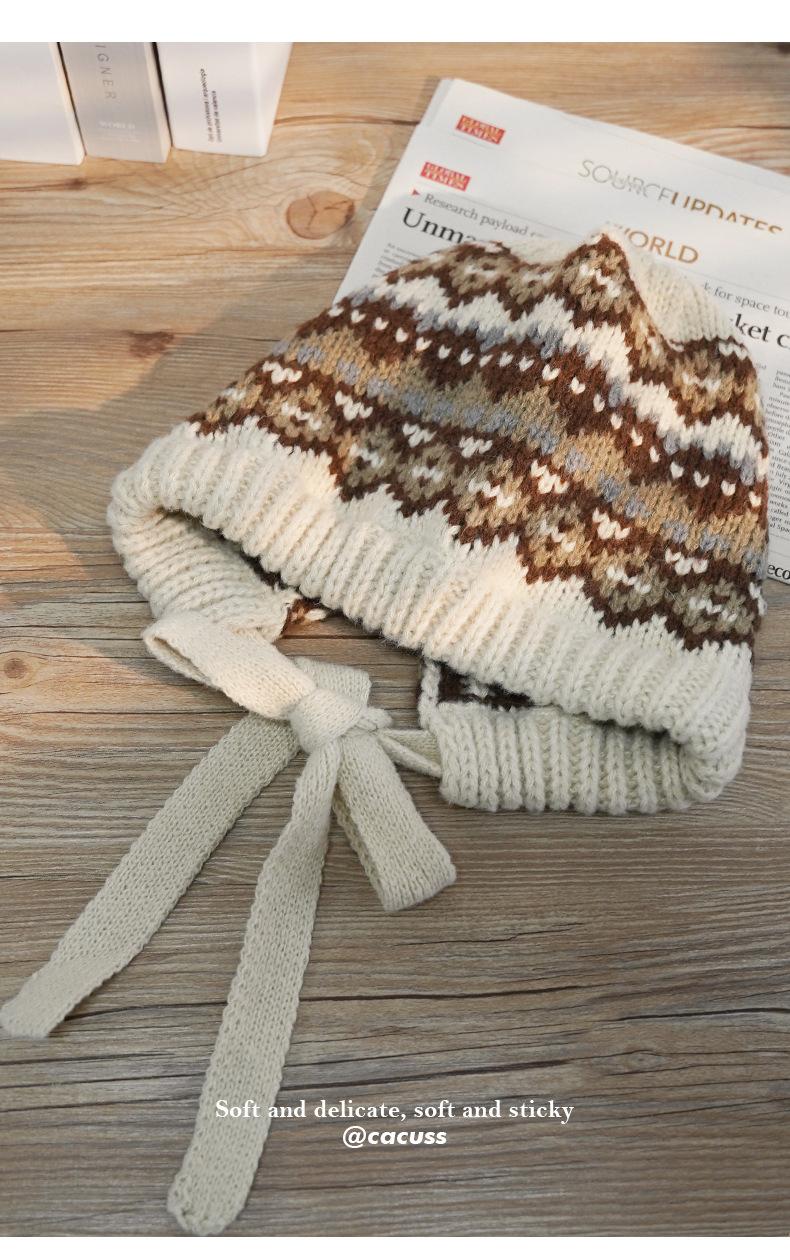 Korean Style Hat for Women Winter Knitted Drawstring Slouchy Beanie Fair Isle Style Retro Versatile Wool Hat for Women