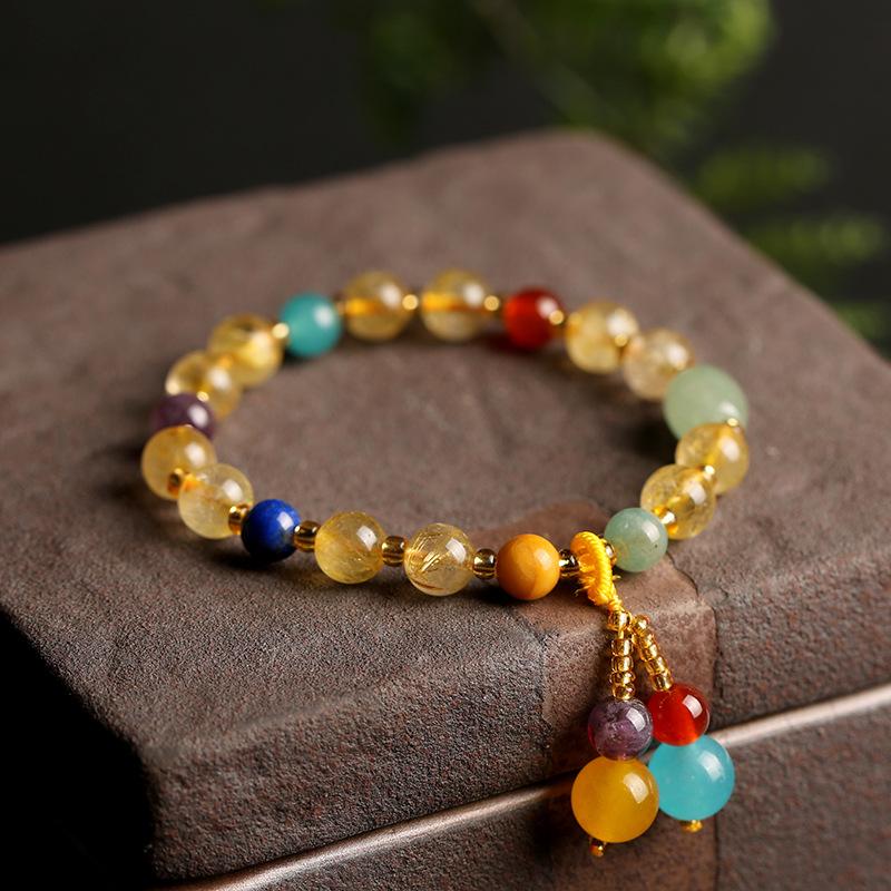 Original Design Multi-Gemstone Jewelry Brazilian Natural Golden Rutilated Quartz Bracelet for Women Vintage Agate Pink Quartz Bracelet