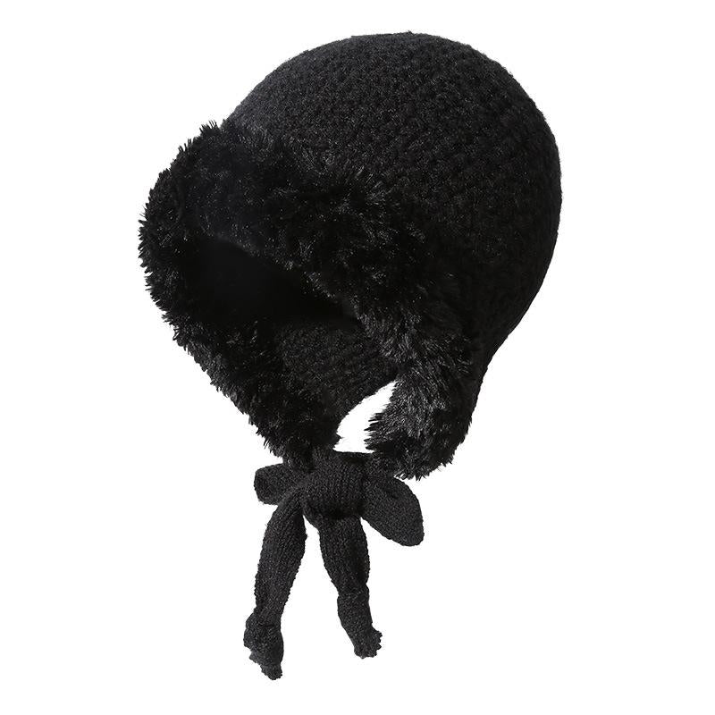 Autumn Winter Fluffy Ear Protection Knitted Hat for Women Large Head Circumference Cold-Proof Warm Wool Hat Color-Block Tie Head Wrap Hat