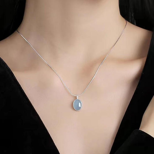 S925 Aquamarine Pendant Sterling Silver Necklace Women's High-Grade Non-Fading Summer Ins All-Matching Light Luxury Minority Ornament