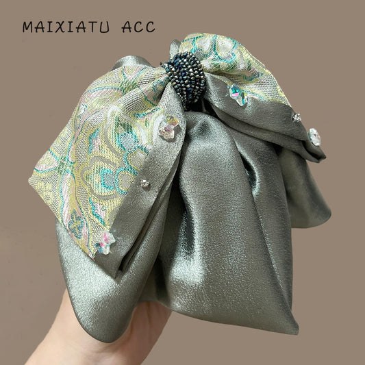 Colorful Roman Tail Clip New Chinese Style Green Bow High Ponytail Claw Clip for Women High-end Feel Back of Head Half Updo Claw Clip