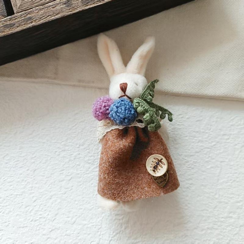 Sweet and Fresh Forest Style Girl Fabric Cartoon Cute Floral Dress with Little Bunny Brooch Accessory