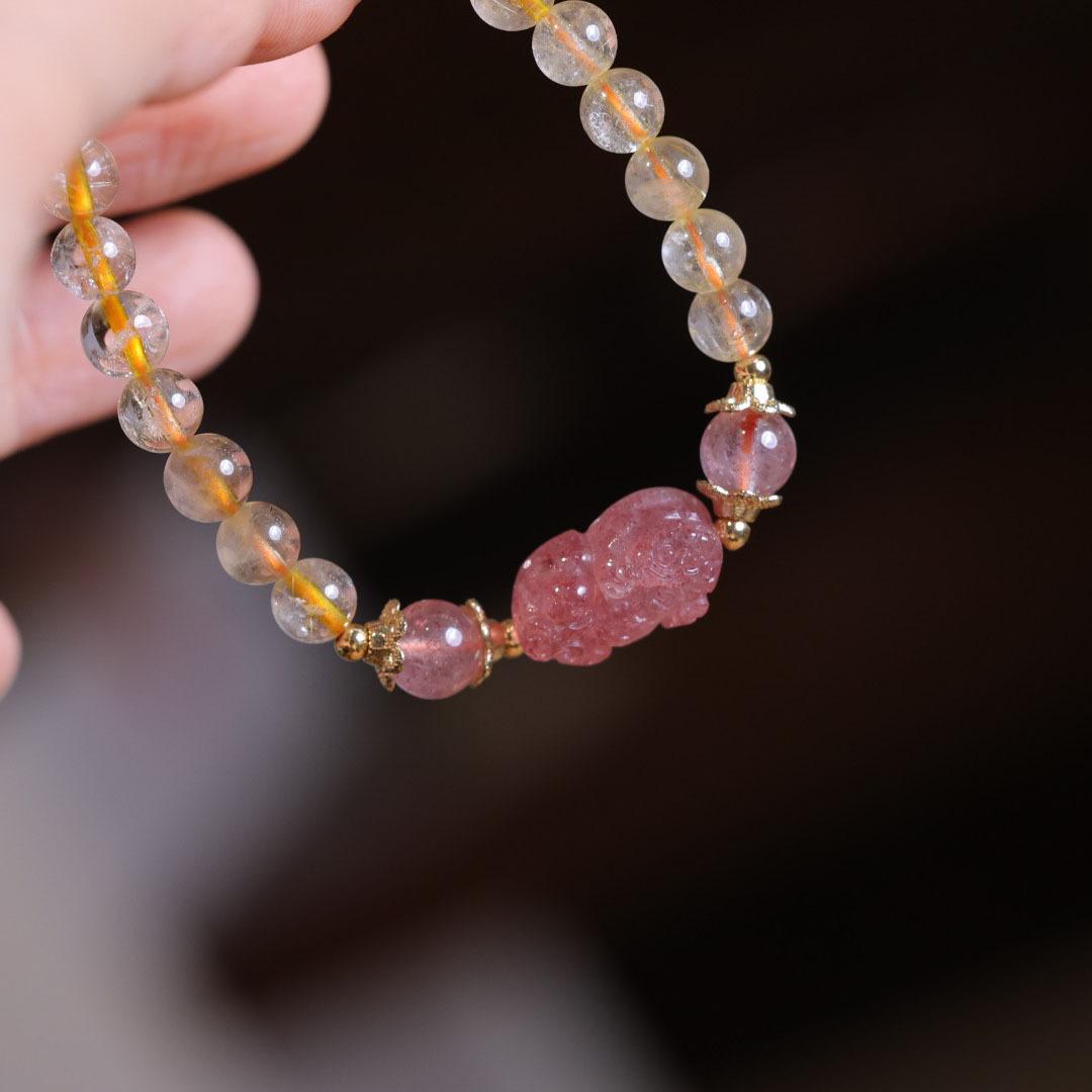 Natural 6MM Golden Rutilated Quartz Bracelet for Women Strawberry Quartz Pixiu Bracelet Crystal Jewelry Design Gift for Best Friend