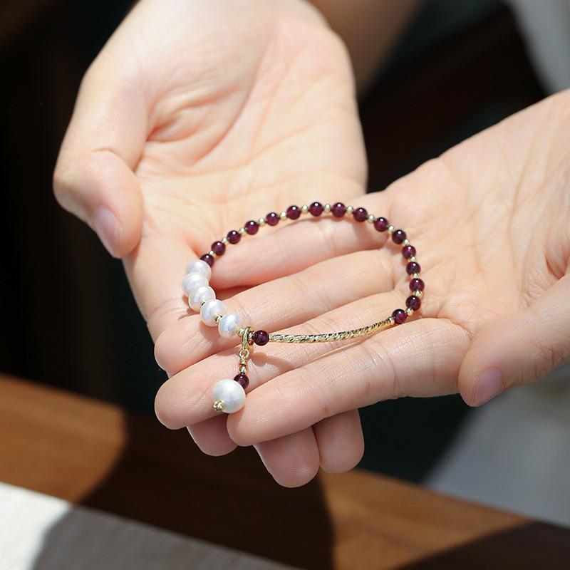 Natural 4MM Purple Tooth Black Garnet Freshwater Pearl Bracelet Light Luxury Niche Design Crystal Bracelet Elegant Jewelry
