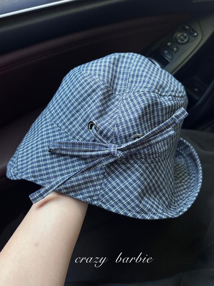 Sweet Navy Blue Plaid Fisherman Hat for Women, New Summer Wide Brim Sunshade Sun Protection Bucket Hat