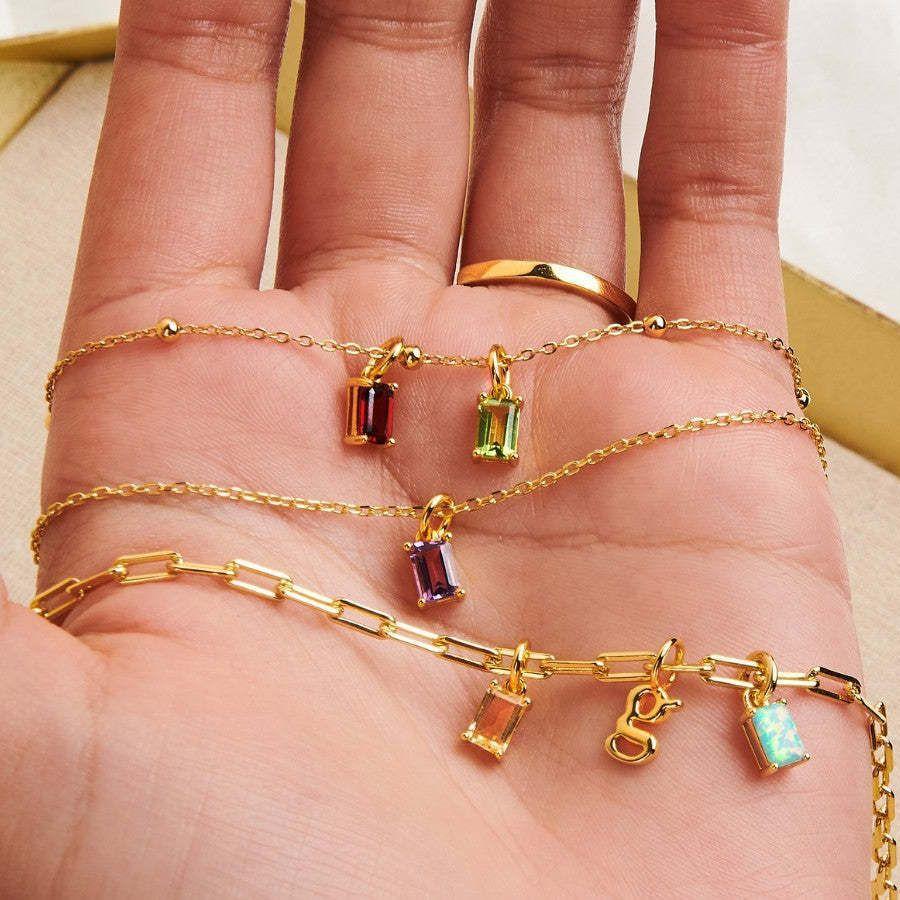 Titanium Steel Necklace Rectangular December Birthstone Pendant Colorful Zircon Clavicle Chain for Women Titanium Steel Plated with 18K Gold Color Retention