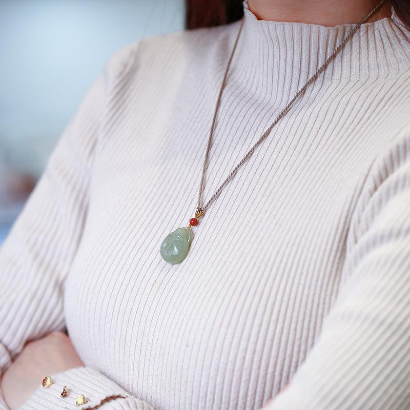 Natural Hetian Jade Hugging Buddha Pendant Necklace Couple Style Jade Pendant Exquisite Carving Braided Cord