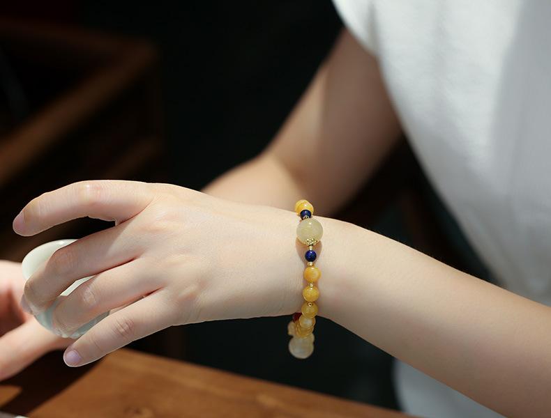 Natural Xinjiang Golden Silk Jade Yellow Bracelet Best Friend Gift Small Gourd Tassel Women's Round Bead Jade Bracelet