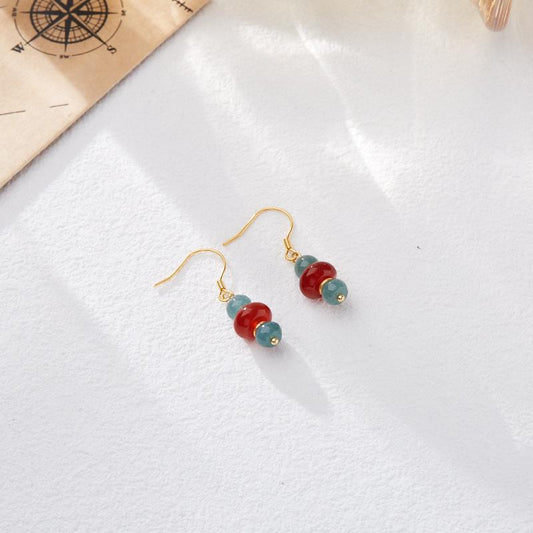 Natural Blue Water Jade Earrings S925 Silver Thousand Miles of Rivers and Mountains Red Agate National Style Earrings New Chinese Ear Hook Ear Jewelry