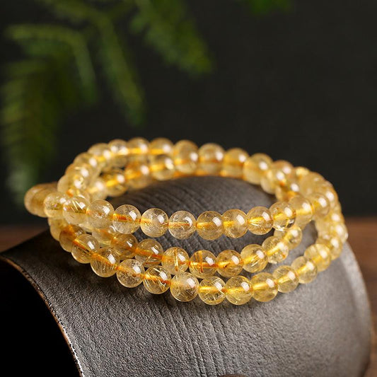 Natural Golden Rutilated Quartz Bracelet Wrapped 3 Times 6mm Golden Rutilated Quartz Multi-Wrap Bracelet Titanium Quartz Bead Bracelet Crystal Round and Full