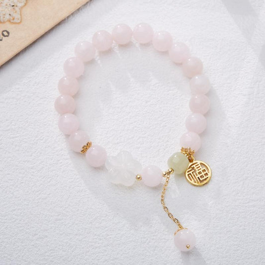 Original Rose Quartz Bracelet for Women Peach Blossom Pink Crystal Bracelet New Chinese Style Ancient Feng Fu Pendant Jewelry