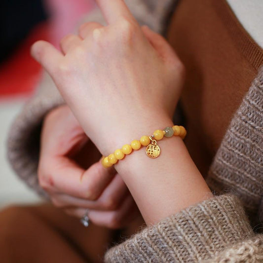 Natural Chicken Fat Yellow Beeswax Buddha Beads Bracelet for Women Amber Hetian Jade Single Circle Bracelet Retro Chinese Style Design