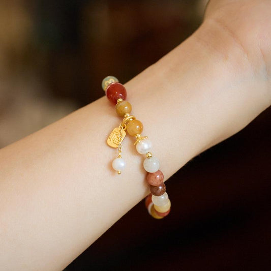 Natural Xinjiang Golden Silk Jade Bracelet for Women with Pearl Tassels, New Chinese Style, High-End Jade Bracelet, Best Friend Gift