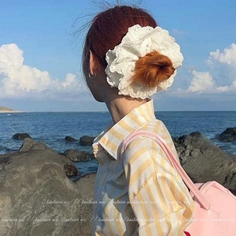 Gray Flower~ Extra Large Lace Scrunchie High-End Feel Large Scrunchie Women's Hair Tie Hair Accessory Korean Hair Ornament