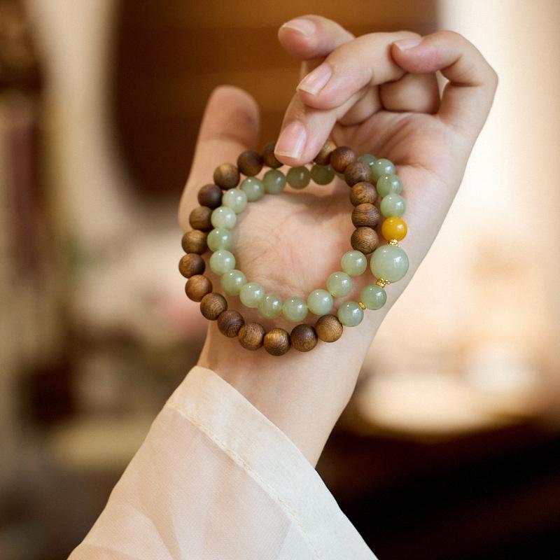Agarwood Bracelet for Women, Natural Hetian Jade Beads, Double Circle Bracelet, New Chinese Style, Good Luck Beads Bracelet