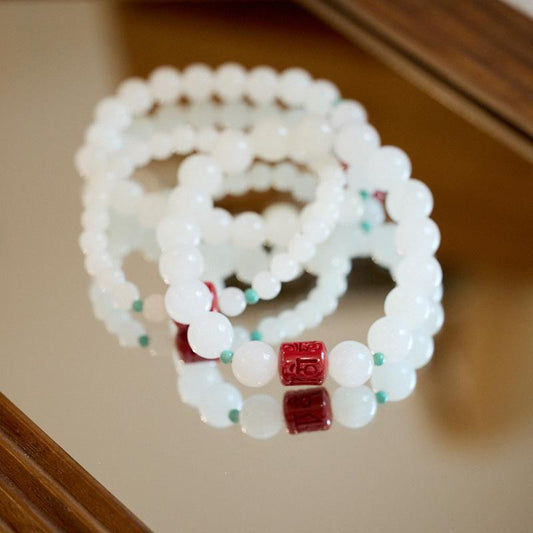 Hetian White Jade Bracelet for Women with Cinnabar Six-Word Mantra, Jadeite Hetian Jade Beads, Zodiac Year Gift