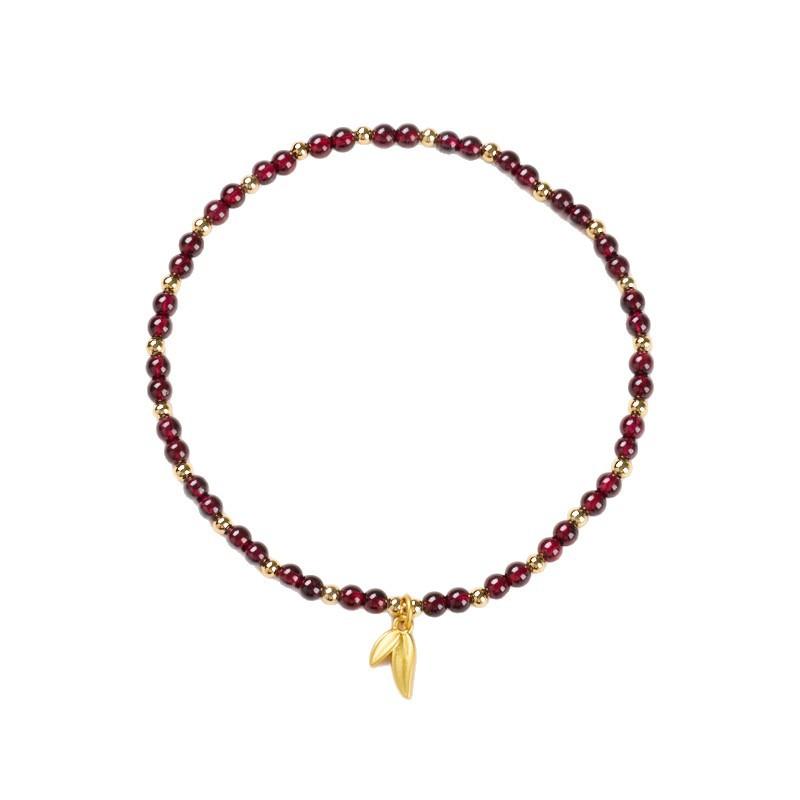 Natural 4MM Garnet Anklet for Women with Leaf and Heart Design, New Chinese Style, High-End Crystal Anklet