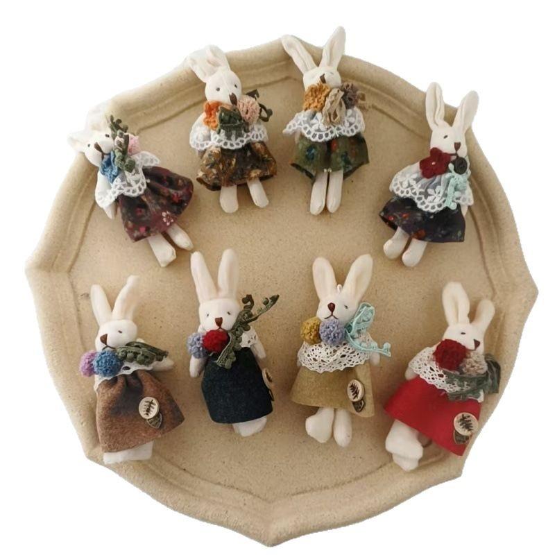 Sweet and Fresh Forest Style Girl Fabric Cartoon Cute Floral Dress with Little Bunny Brooch Accessory