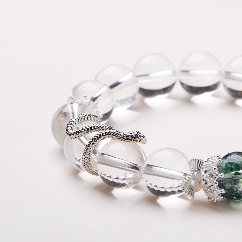 White Crystal Bracelet for Women, Auspicious Snake, Year of the Snake, Zodiac Bracelet, Green Snake, Gift for Best Friend